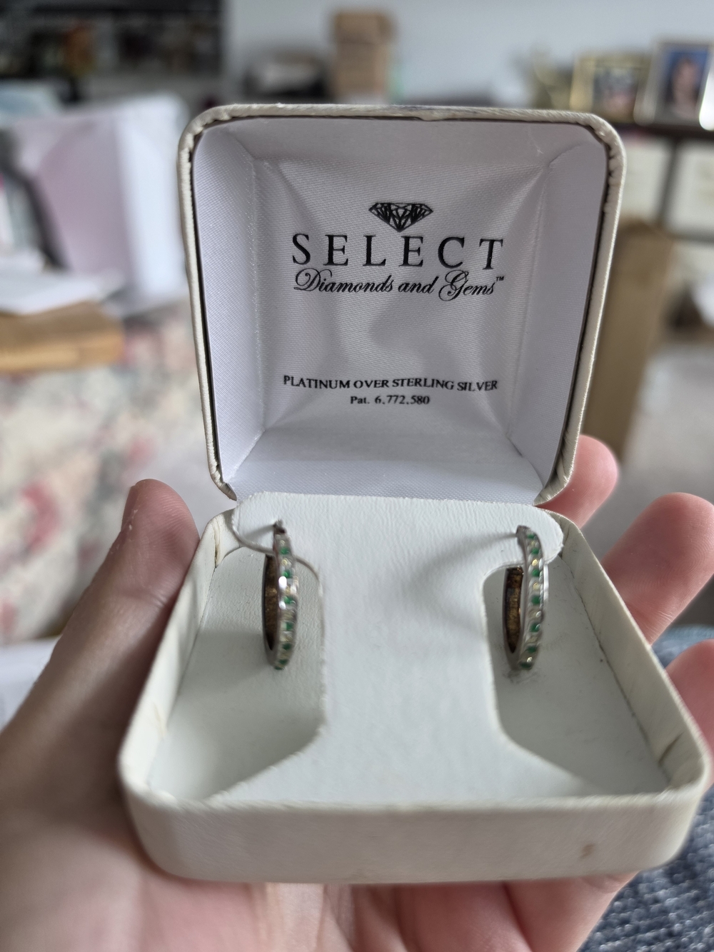 Platinum Over Sterling Silver Emerald And Diamond- Hoop Earrings